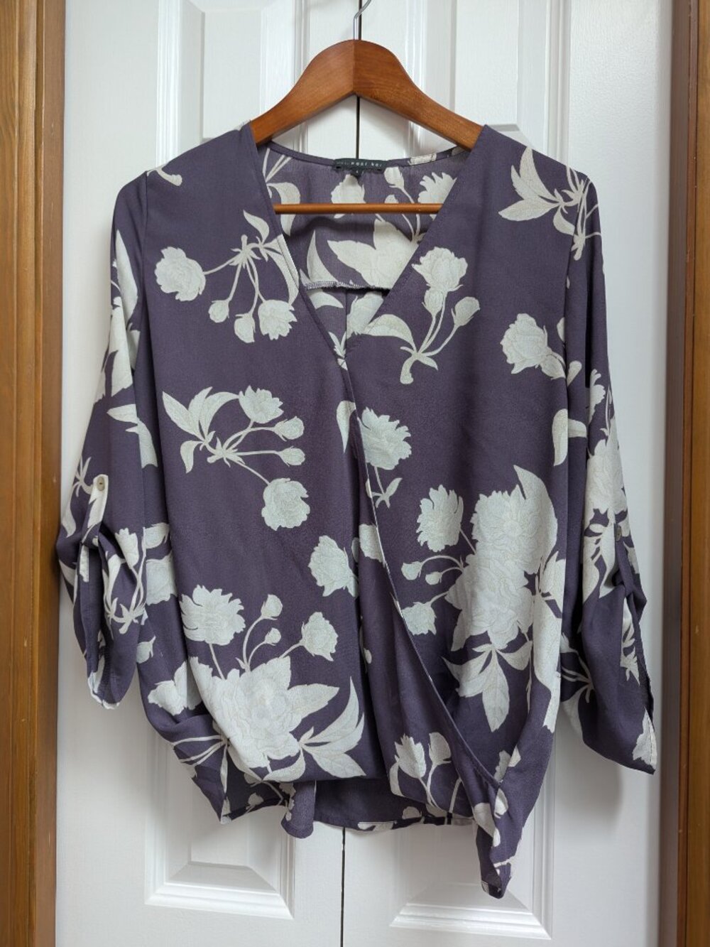 West Kei Purple Floral Wrap Top - Roll Tab Sleeves - Large